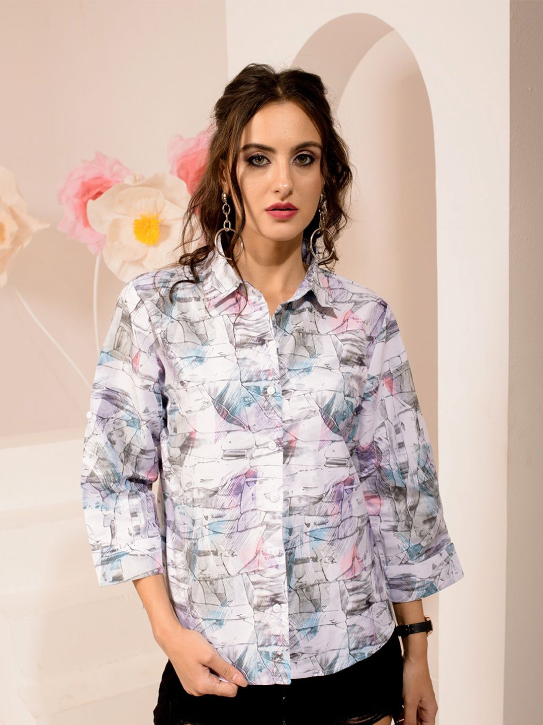 

TANDUL Women Standard Spread Collar Abstract Printed Casual Shirt, White