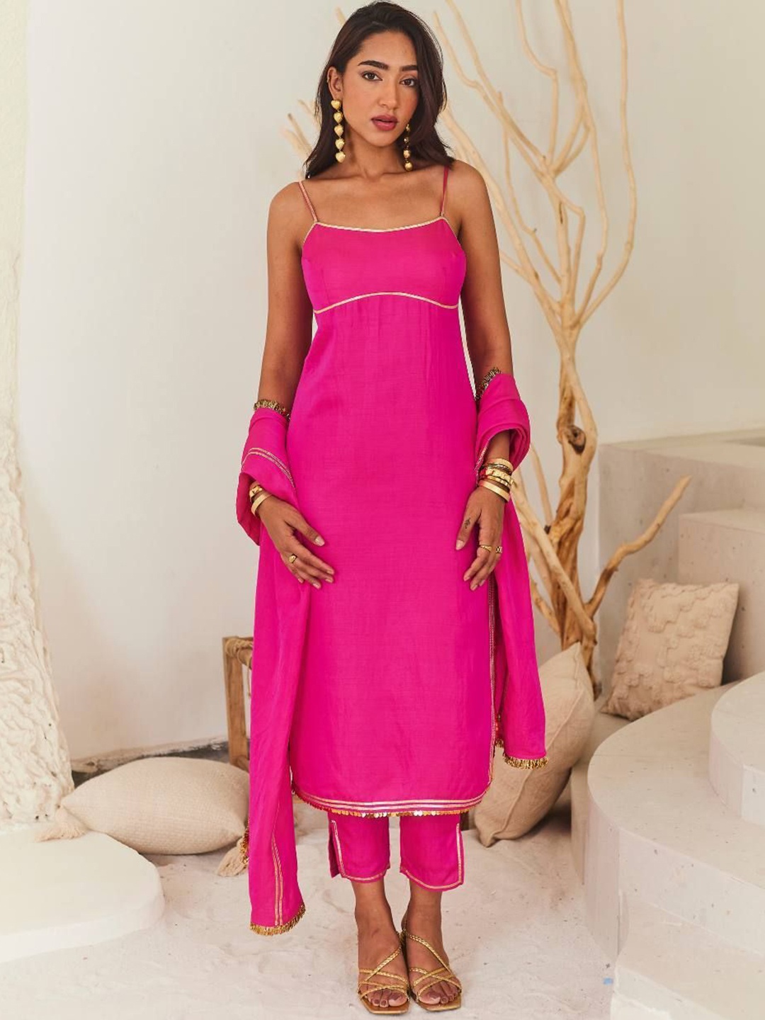 

Urban Suburban Shoulder Straps Gotta Patti Kurta With Trousers & Dupatta, Pink