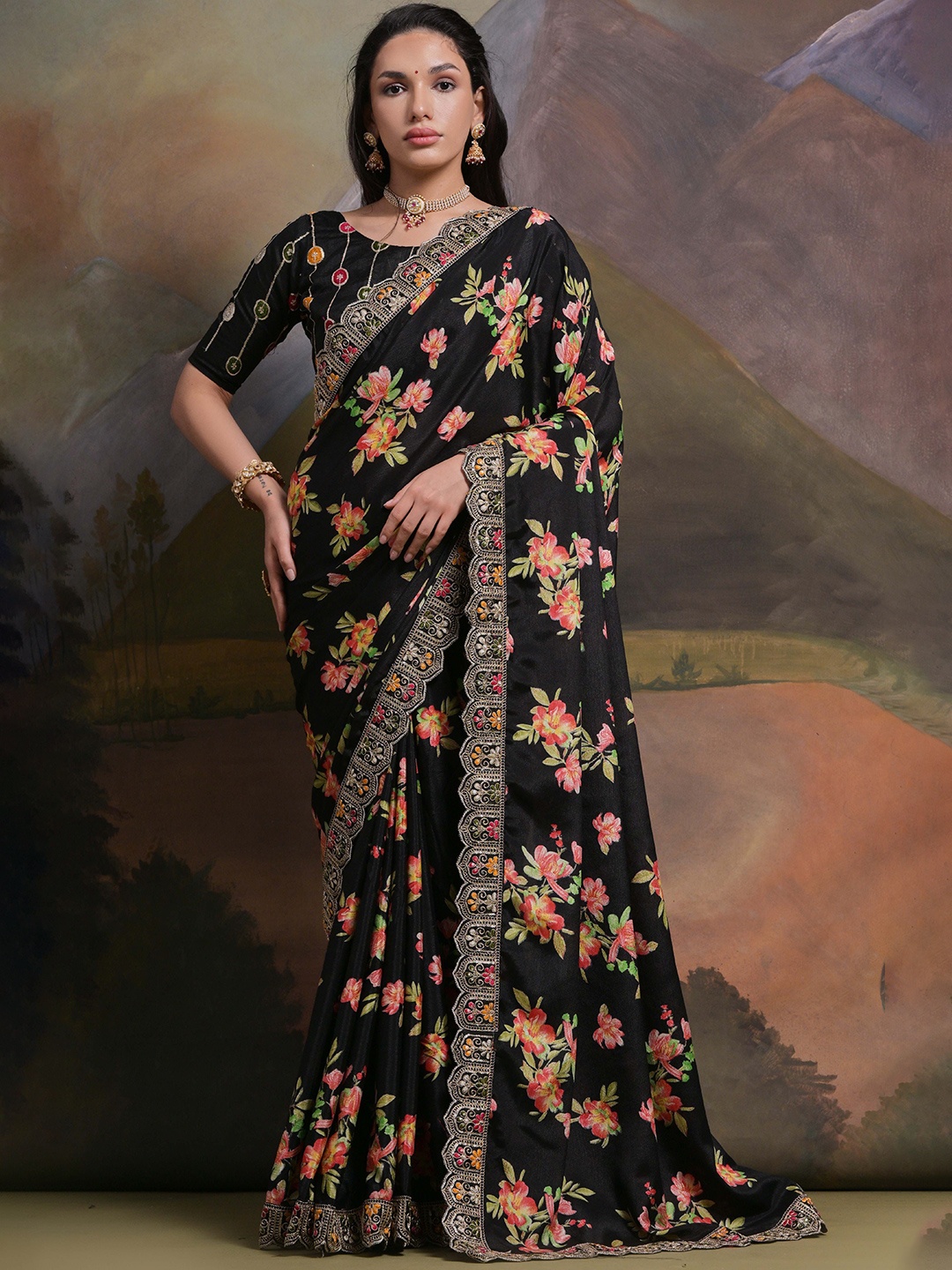 

Krimmple Floral Embroidered Pure Cotton Saree, Black