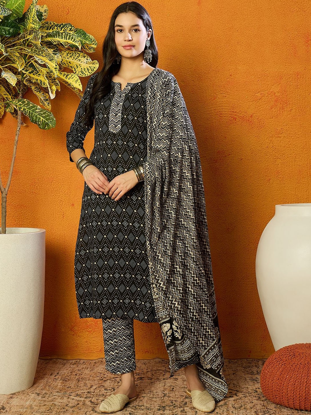 

AHIKA Black Ethnic Motifs Printed Notch Neck Straight Kurta with Trousers & Dupatta