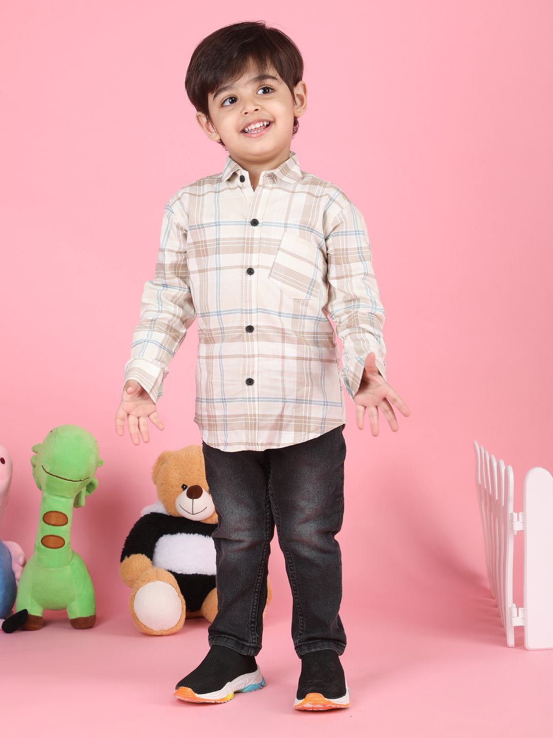 

Polka Tots Boys Spread Collar Checked Cotton Casual Shirt, Beige