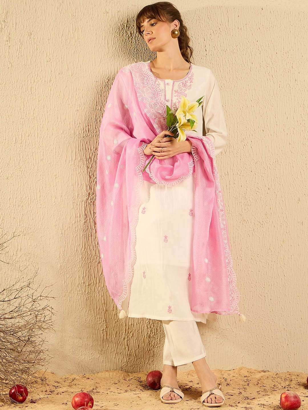 

Indo Era White and Pink Floral Embroidered Thread Work Kurta with Trouser & Dupatta