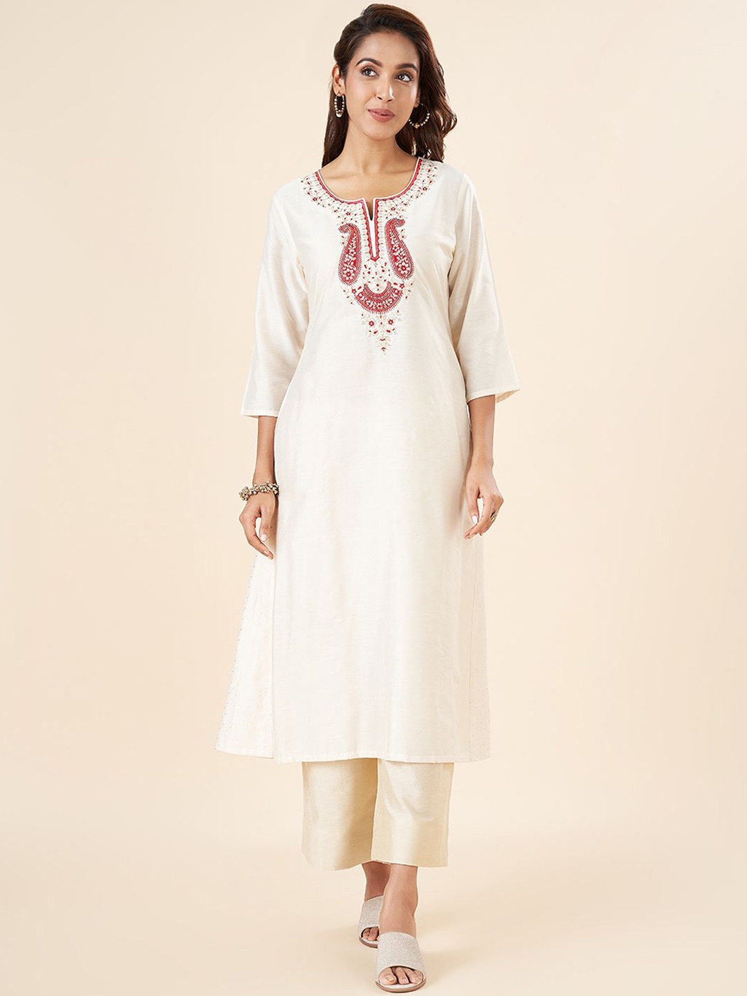 

RANGMANCH BY PANTALOONS Paisley Yoke Design Zari Work Straight Kurta, White