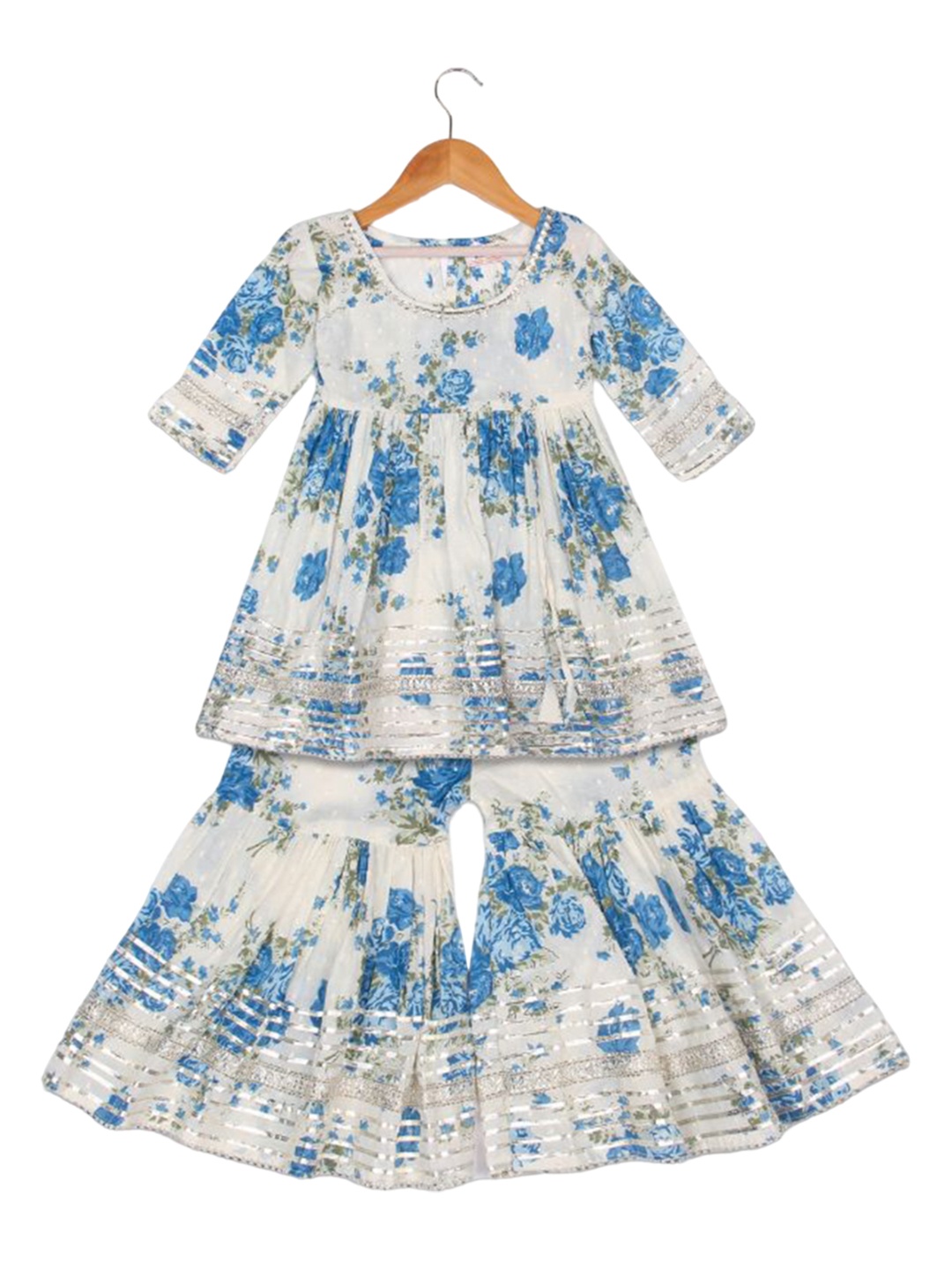 

AATYA KIIDS Girls Floral Printed Regular Gotta Patti Pure Cotton A-Line Kurti with Sharara, Blue