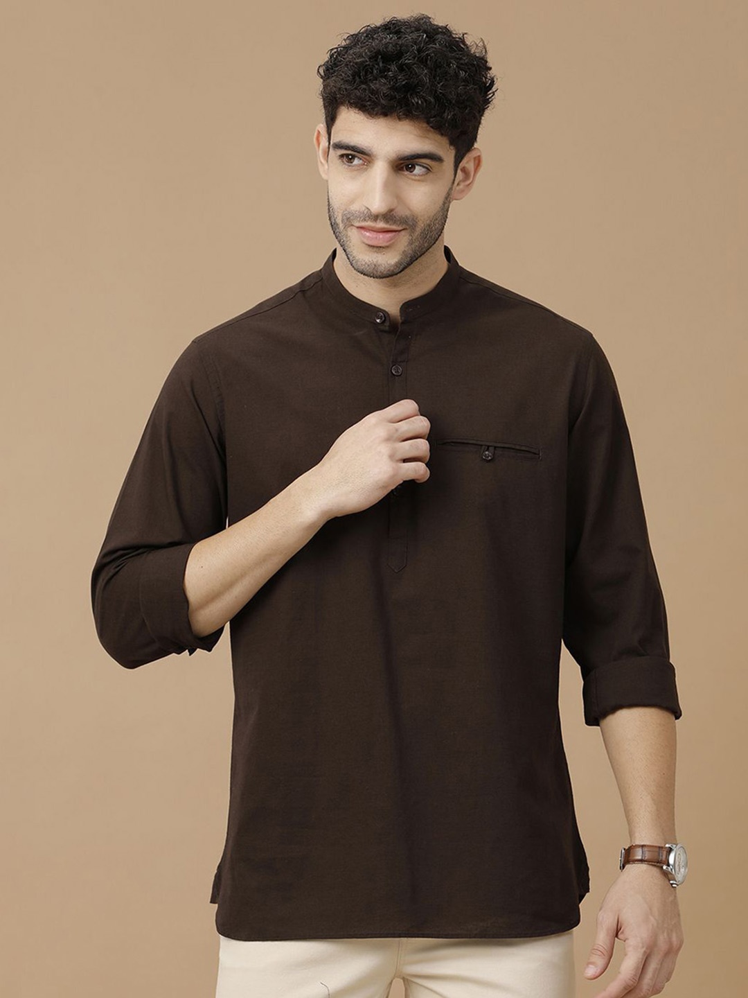

CAVALLO by Linen Club Men Contemporary Solid Cotton Casual Shirt, Brown