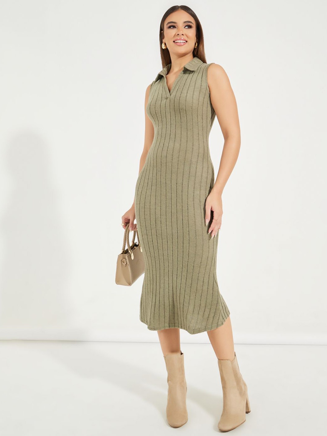 

Styli Women Self Design V-Neck Bodycon Midi Dress, Olive