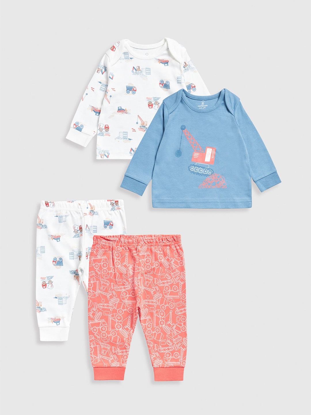 

mothercare Boys Set Of 2 Vehicles Printed Pure Cotton Sweatshirt With Pyjamas, Blue