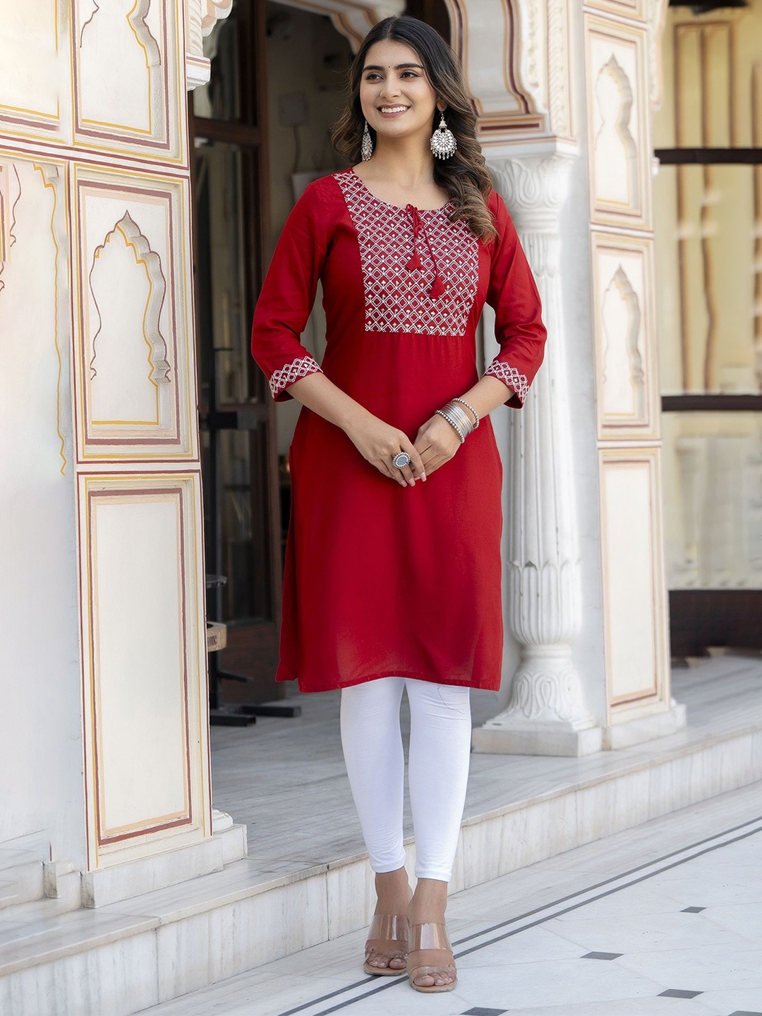 

MF Hayat Women Yoke Embroidered Straight Kurtas, Maroon