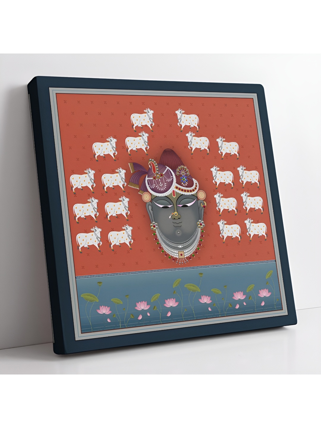 

SAF Orange & Blue Wooden Canvas Pichwai Cow Religious Wall Art