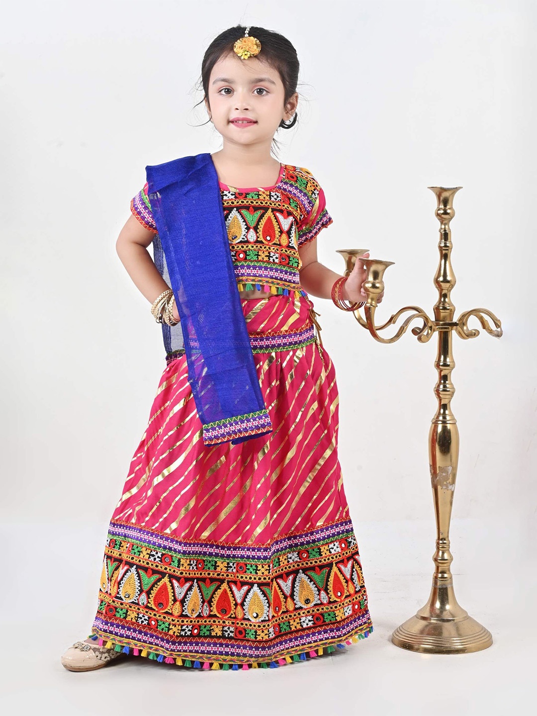 

ahhaaaa Girls Embroidered Mirror Work Cotton Ready to Wear Lehenga & Blouse With Dupatta, Pink