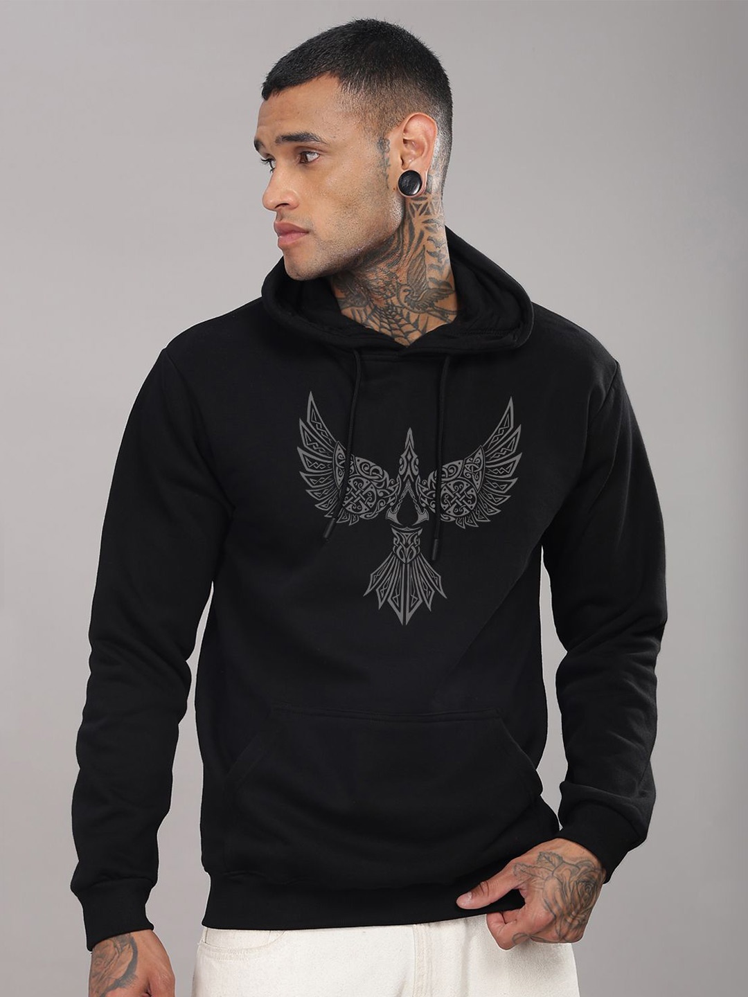 

ADRO Men Printed Hooded Cotton Pullover Sweatshirt, Black