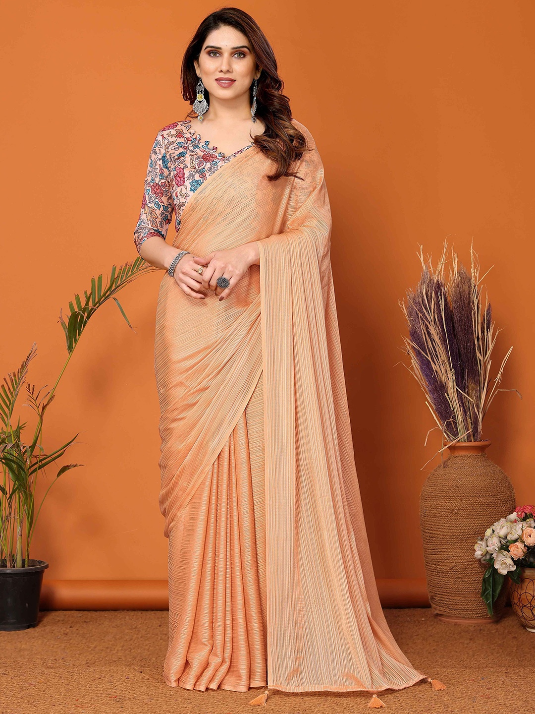 

VISHNU CREATIONS Striped Saree With Blouse Piece, Orange