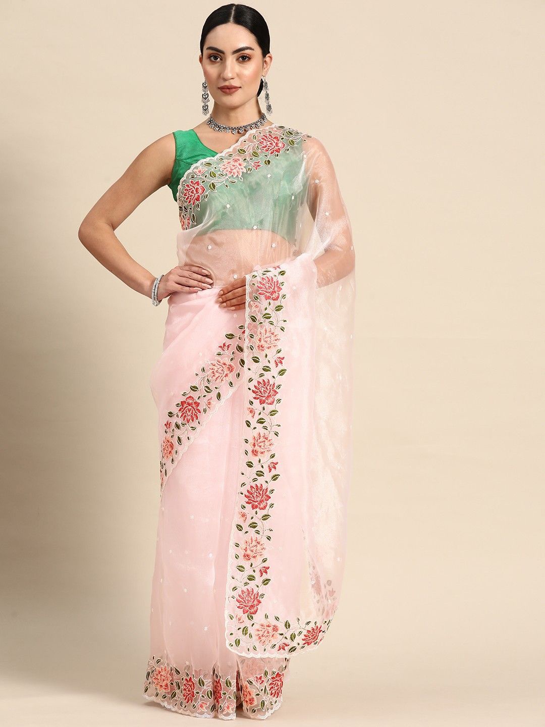 

Anouk Floral Embroidered Organza Saree, Pink