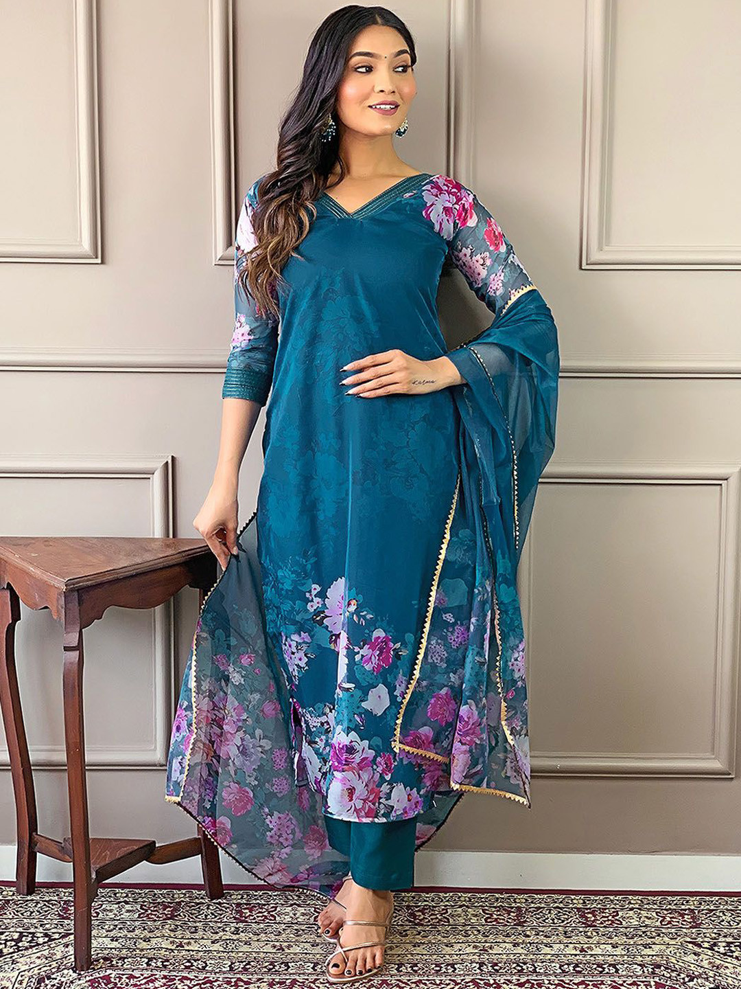 

Meena Bazaar Floral Printed Kurta with Trouser & Dupatta, Blue