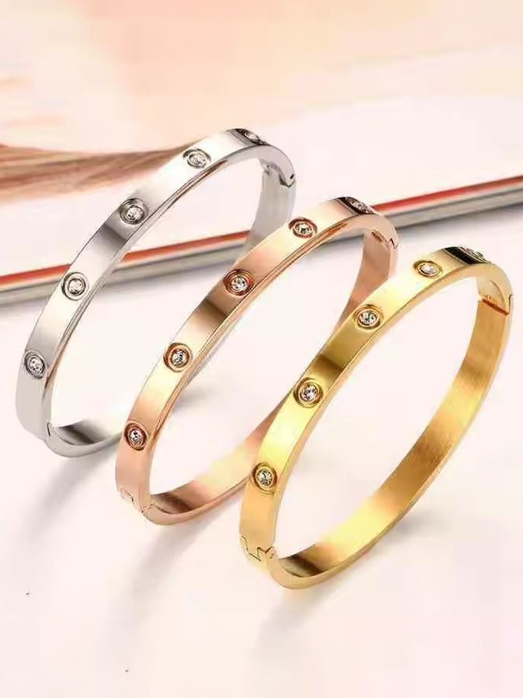 

MEENAZ Set Of 3 Stainless Steel Cubic Zirconia 18K Gold-Plated CZ Studded Kada Bracelets, Silver