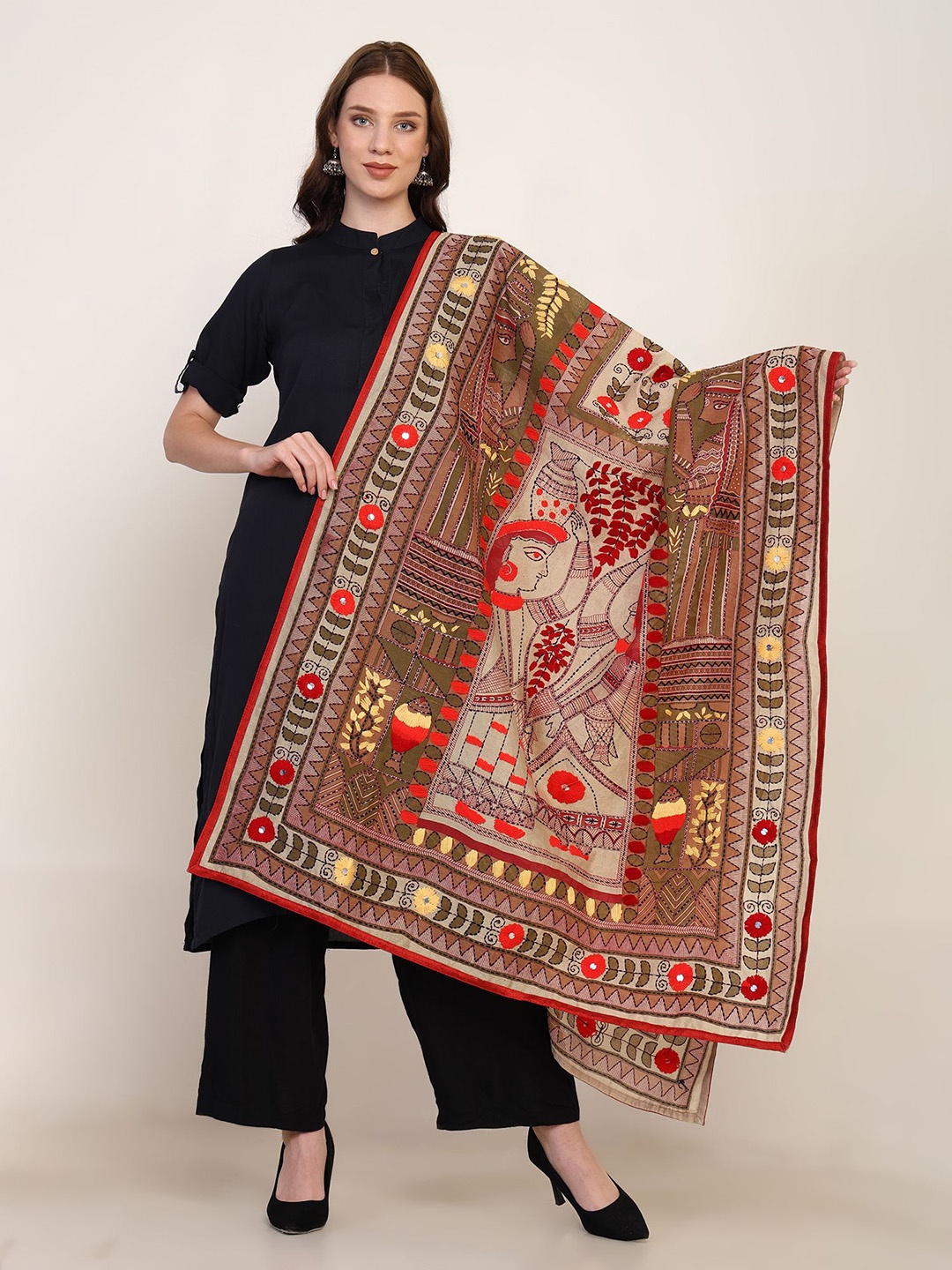 

Tweedle Floral Embroidered Kantha Work Chanderi Dupatta, Off white