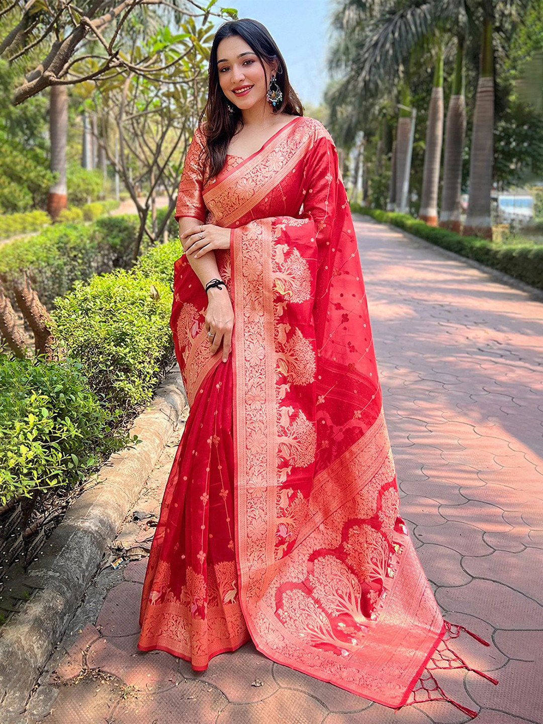 

Panzora Ethnic Motifs Woven Design Zari Organza Saree, Red