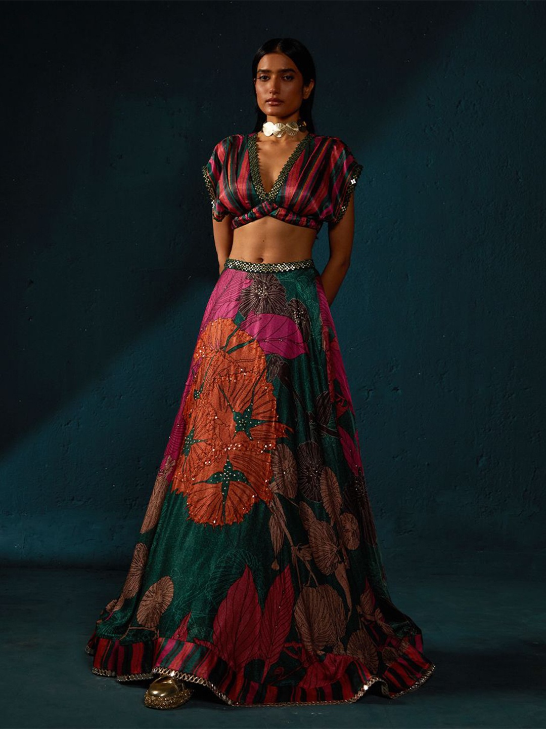 

Basil leaf Floral Printed Made to Measure Lehenga & Blouse With Dupatta, Green
