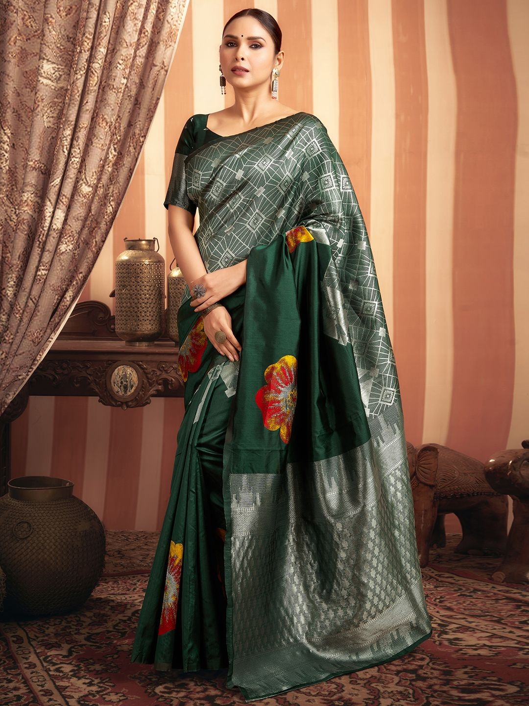 

Mitera Floral Woven Design Zari Pure Silk Banarasi Saree, Green