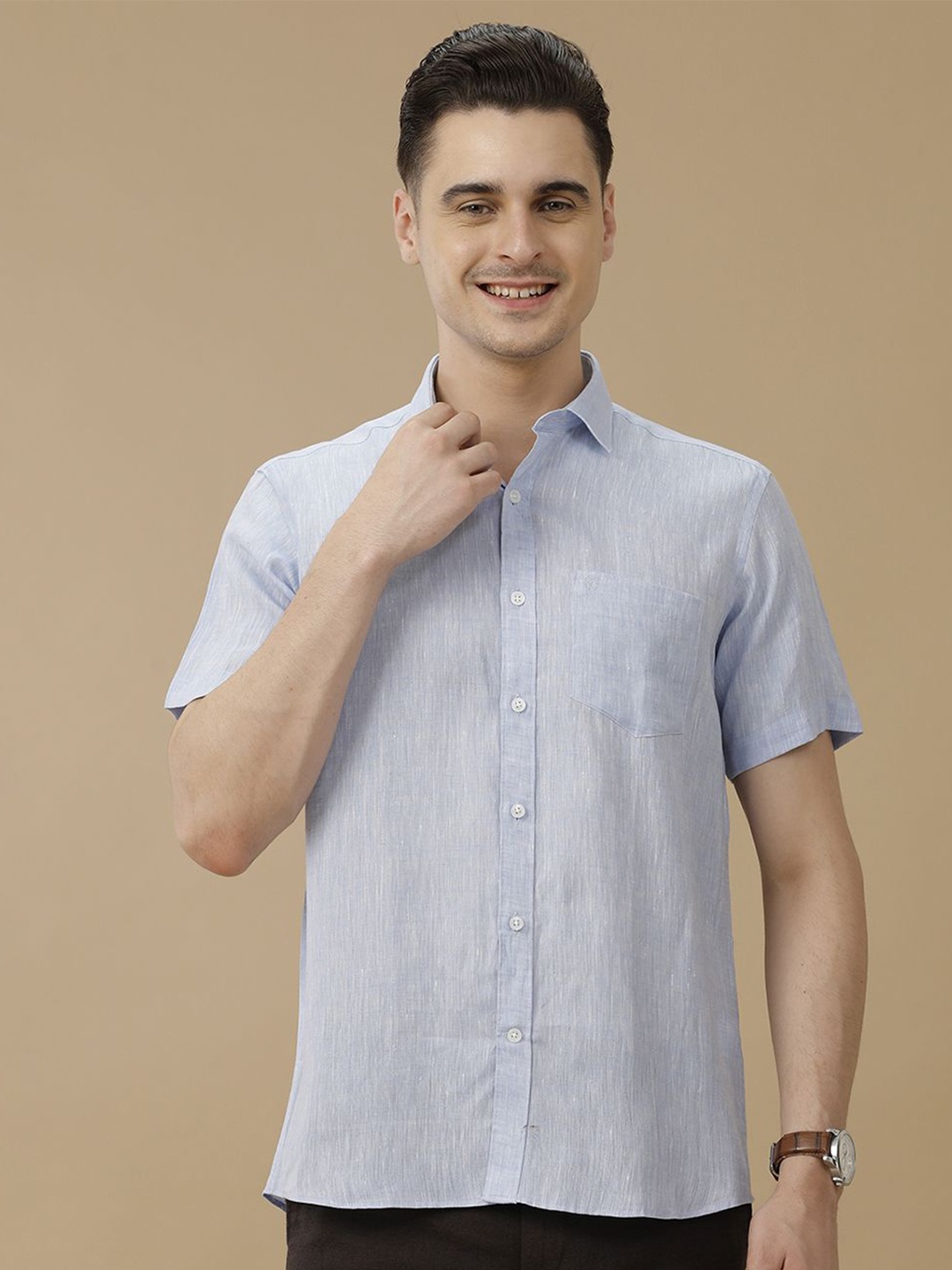 

Linen Club Men Contemporary Spread Collar Solid Slim Fit Casual Shirt, Blue