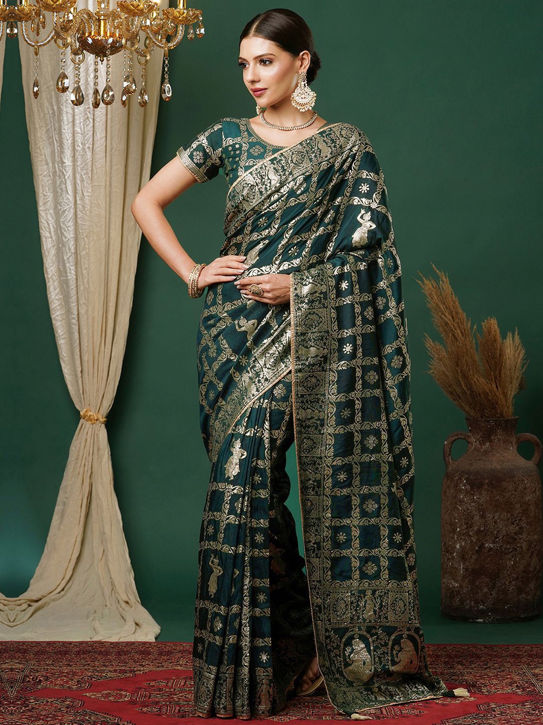 

Satrani Woven Design Zari Patola Saree, Green