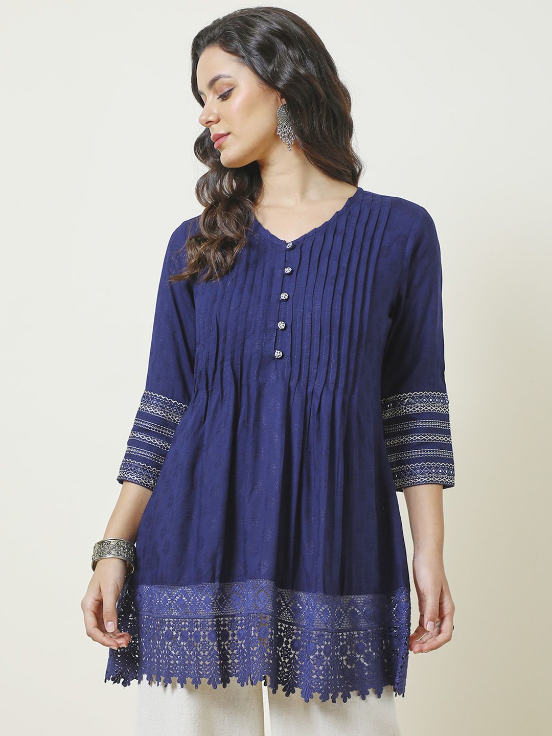 

Soch Women Embroidered Schiffli Tunic, Navy blue