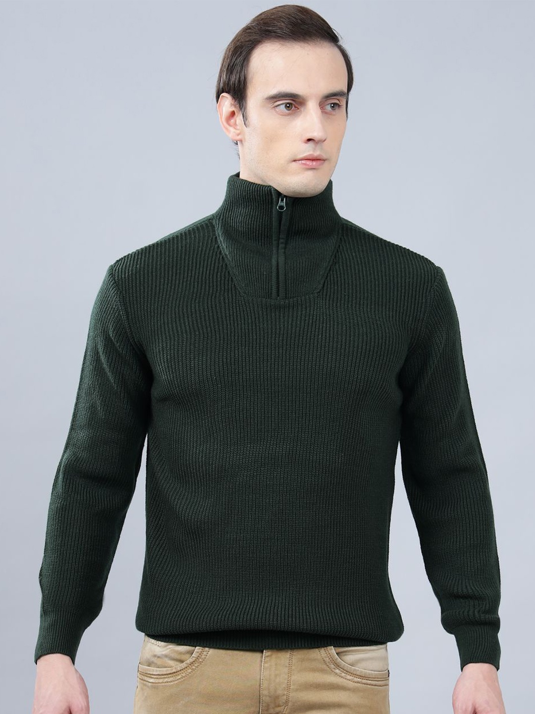 

Cantabil Men Mock Collar Ribbed Pullover Sweaters, Green