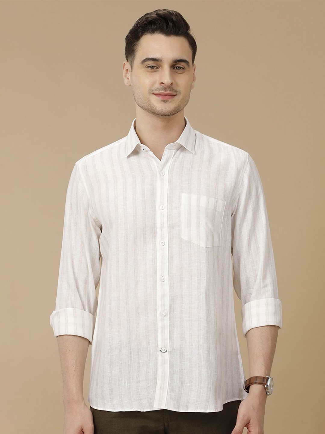 

Linen Club Men Contemporary Striped Slim Fit Casual Shirt, White