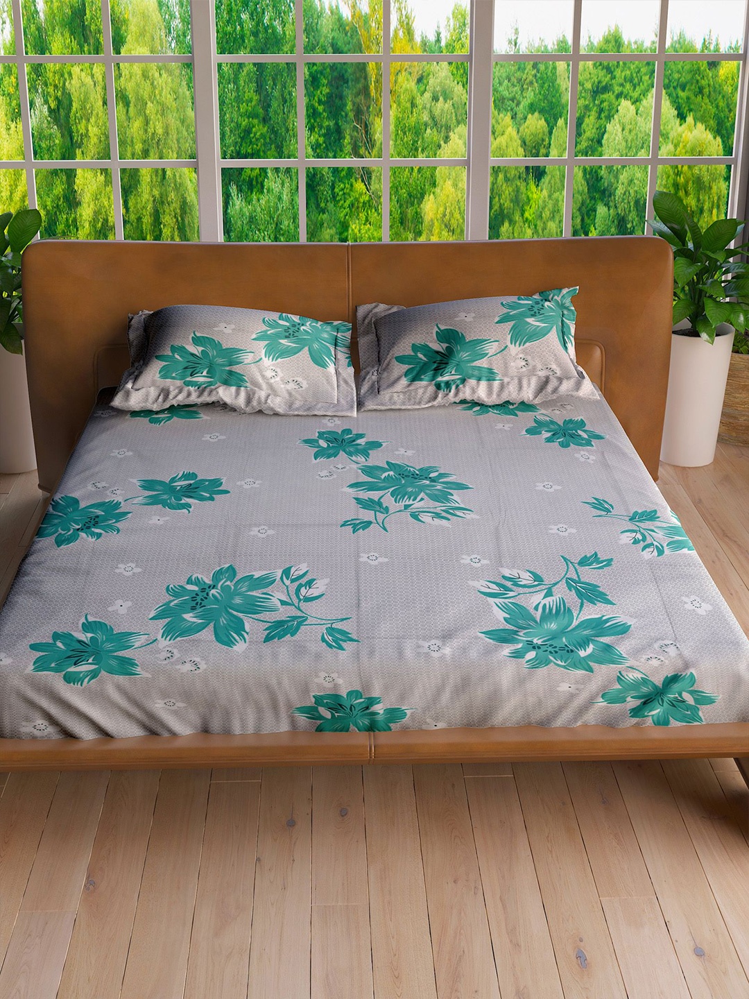 

LABHAM Green & Grey Floral Printed 160 TC Pure Cotton King Bedsheet with 2 Pillow Covers