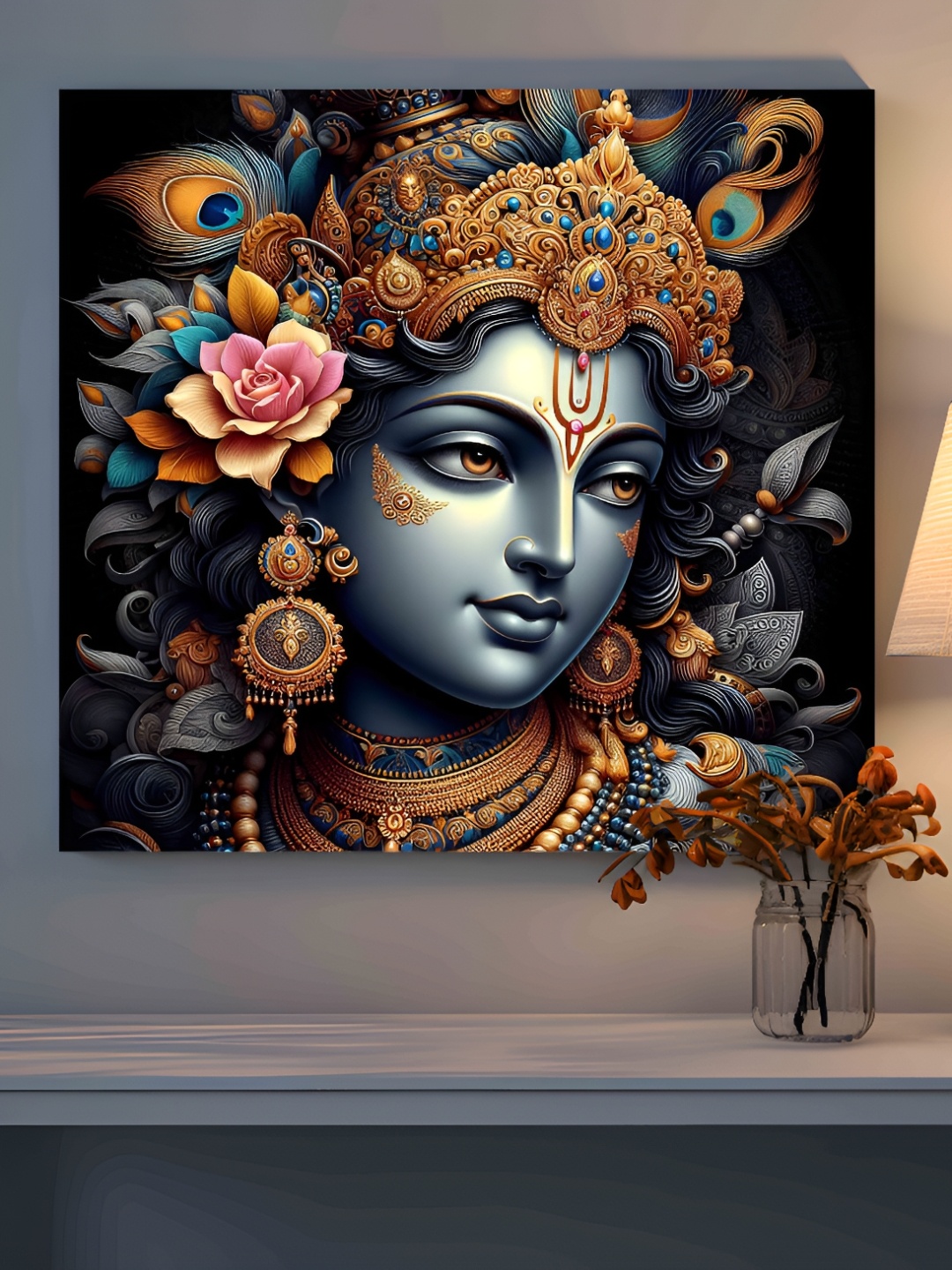 

SAF Blue & Black Wooden God Krishna Religious Wall Paintings