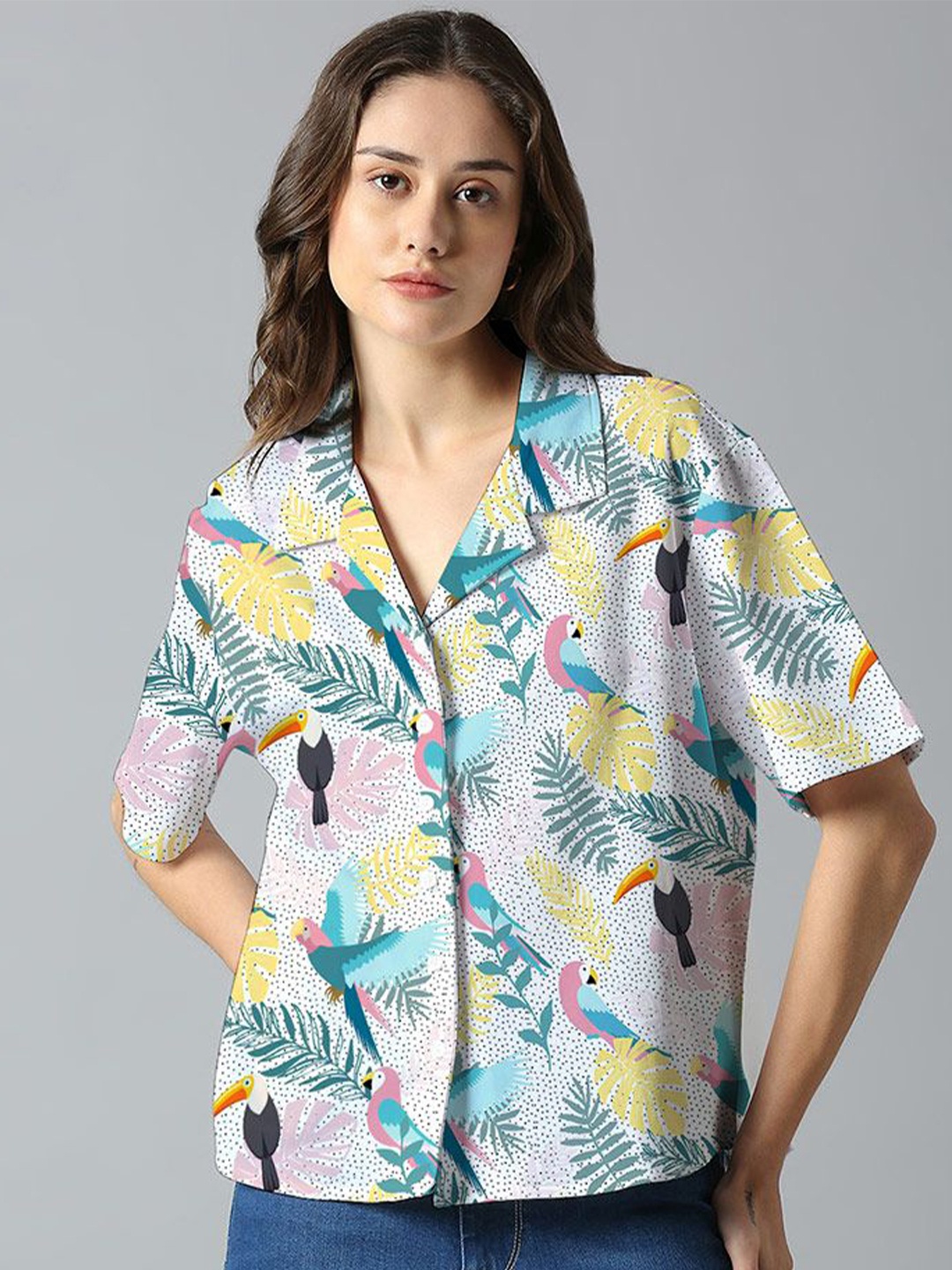

Wear Your Opinion Women Button-Down Collar Floral Printed Casual Shirt, White