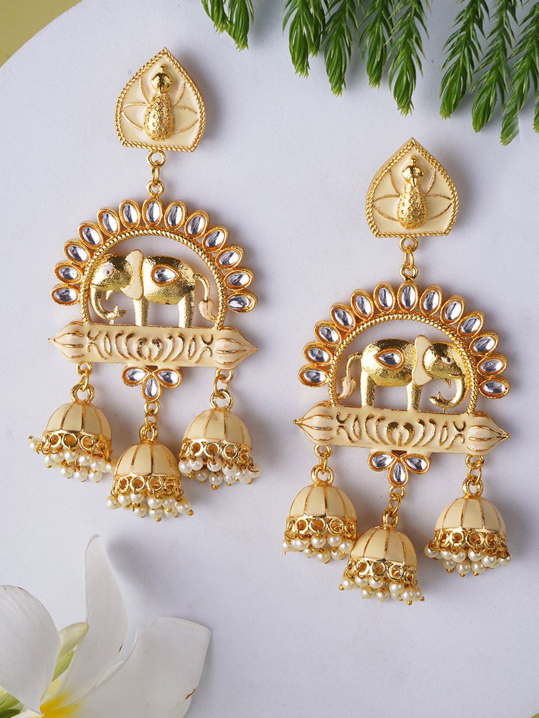 

Adwitiya Collection Gold-Plated Kundan Studded Enamelled Dome Shaped Jhumkas, Beige