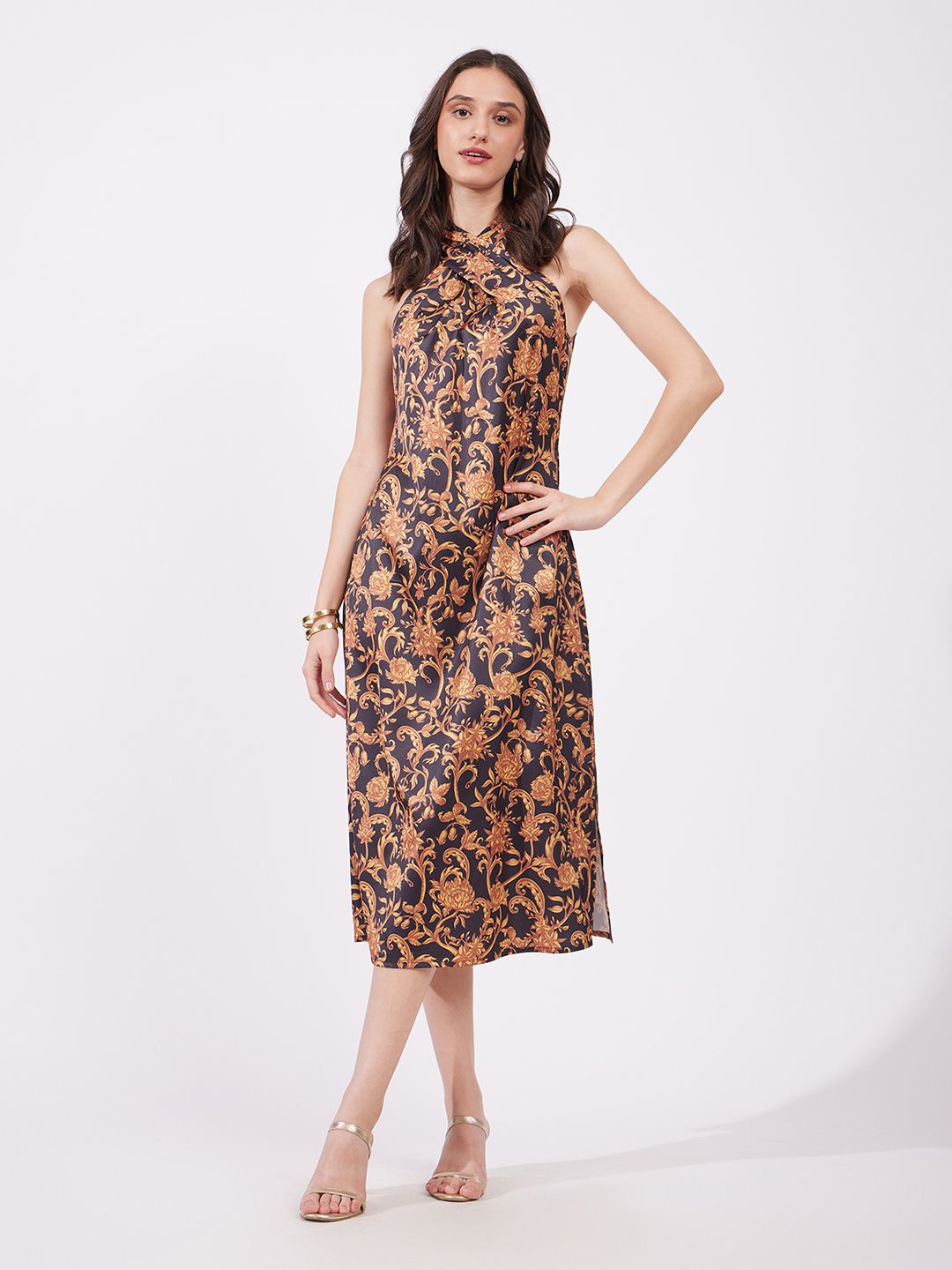 

FableStreet Women Floral Print Halter Neck A-Line Midi Dress, Gold