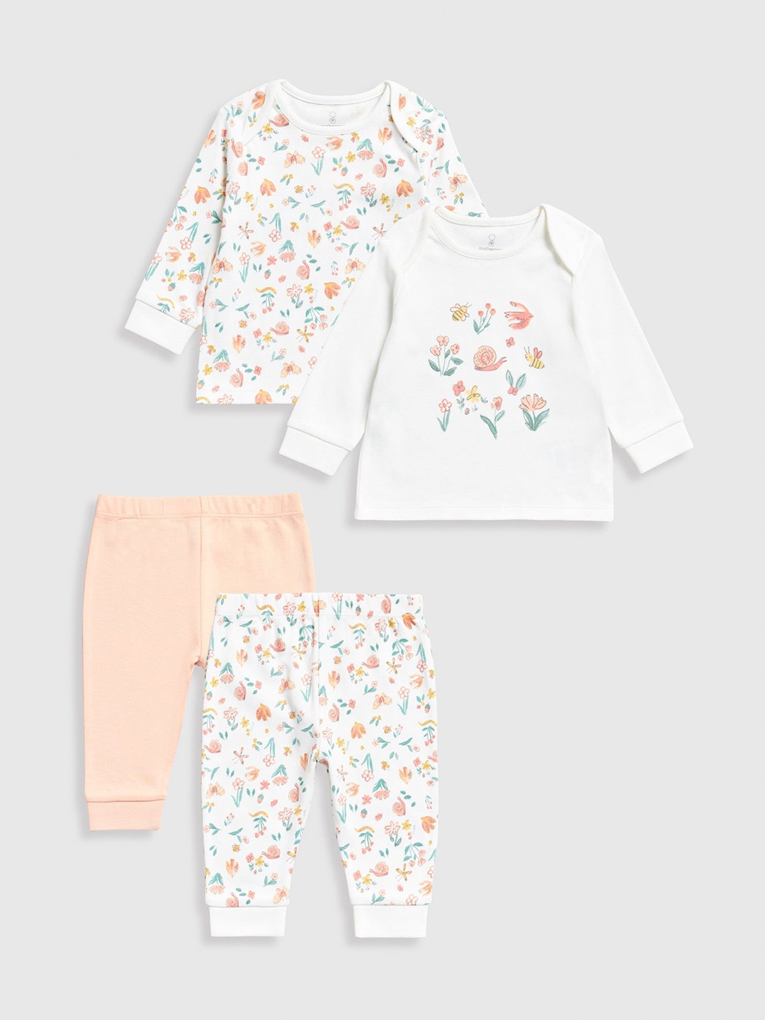 

mothercare Girls Pack of 2 Floral Printed Pure Cotton T-shirt with Pyjamas, White