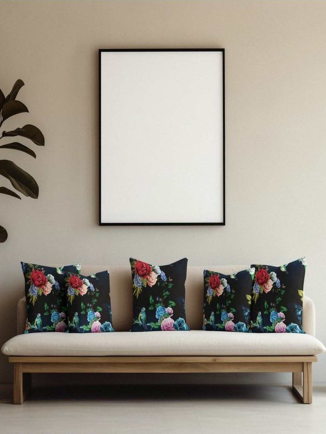 

THEYAYACAFE Navy Blue & Red 5 Pieces Floral Velvet Square Cushion Covers