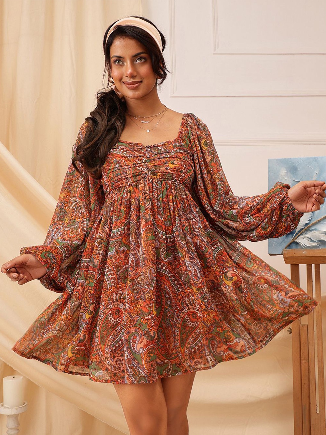 

QUIERO Floral Printed Puff Sleeve Chiffon Fit & Flare Dress, Rust