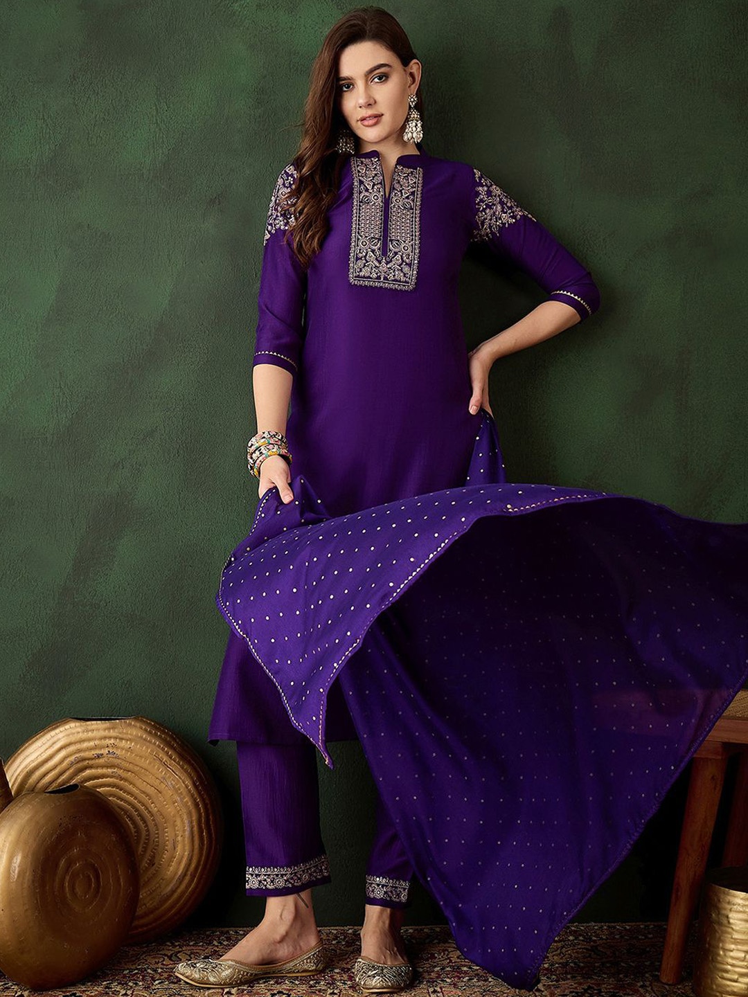 

Sangria Embroidered Straight Kurta Trouser With Dupatta, Purple