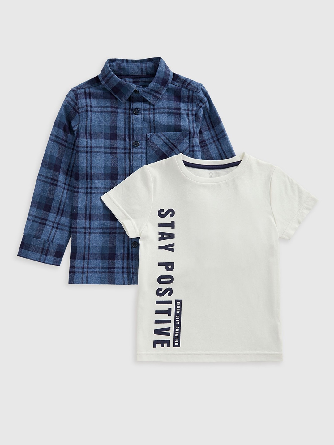 

mothercare Boys Checked Pure Cotton Shirt & T-shirt, Blue