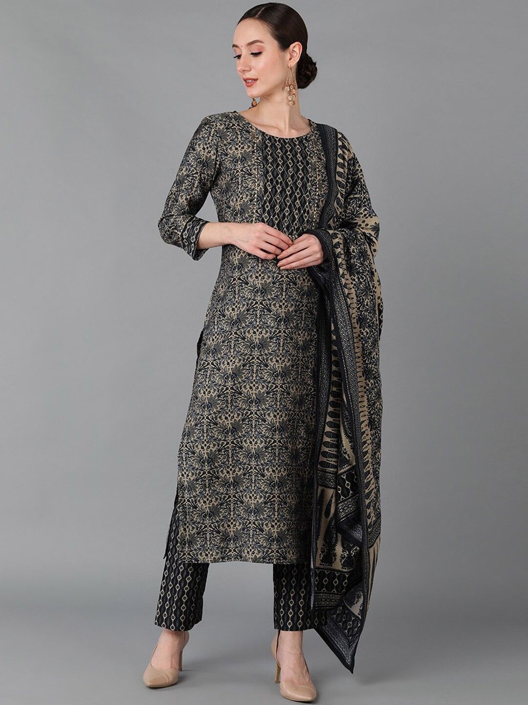 

AHIKA Black Floral Printed Round Neck Straight Kurta with Trousers & Dupatta