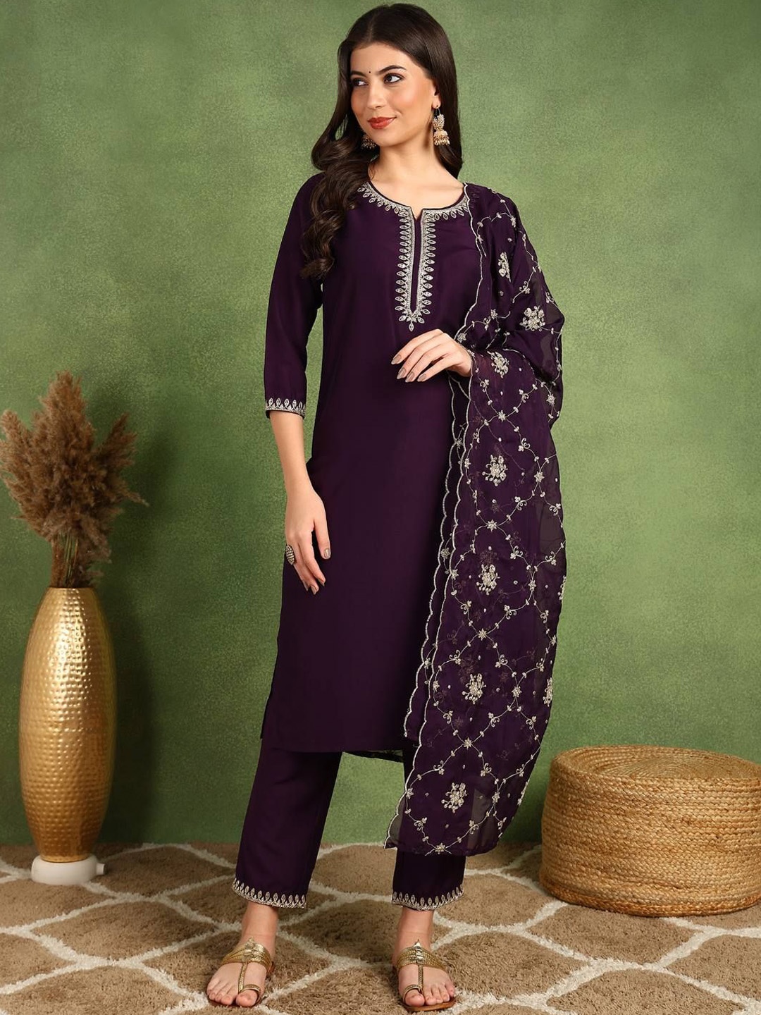 

AHIKA Purple Embroidered Yoke Design Notch Neck Straight Kurta with Trousers & Dupatta