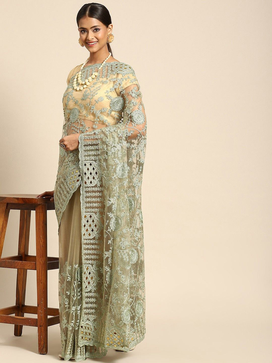 

Anouk Floral Mirror Work Net Saree, Green
