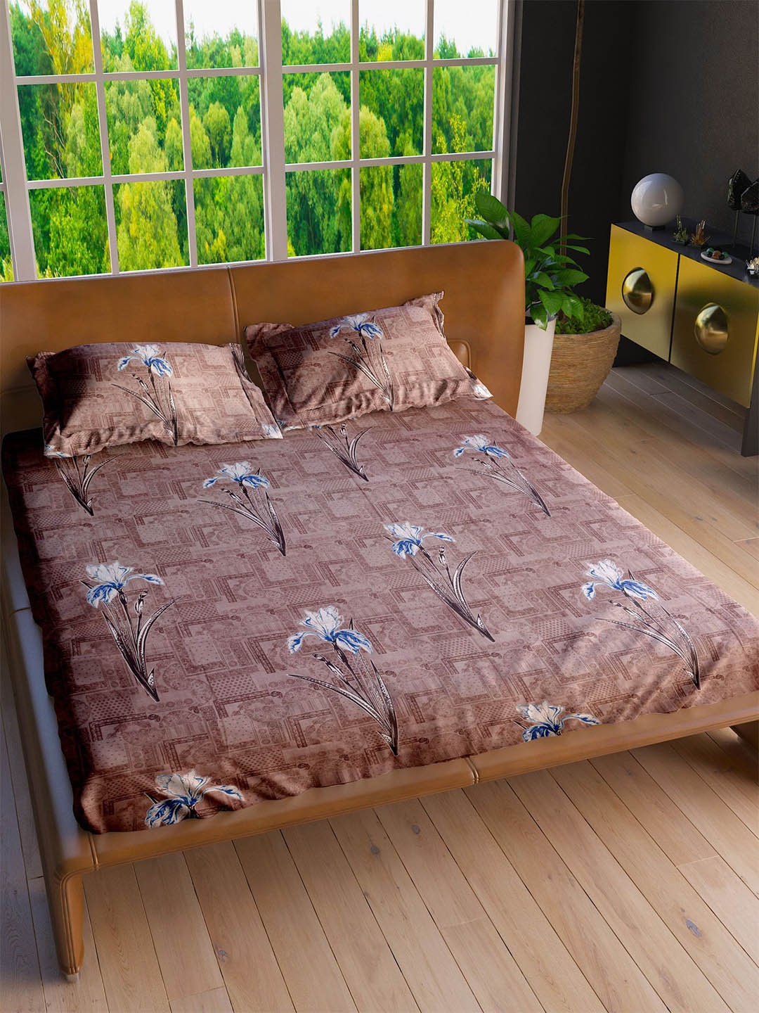 

LABHAM Peach-Coloured & White Floral Cotton 160 TC King Bedsheet with 2 Pillow Covers