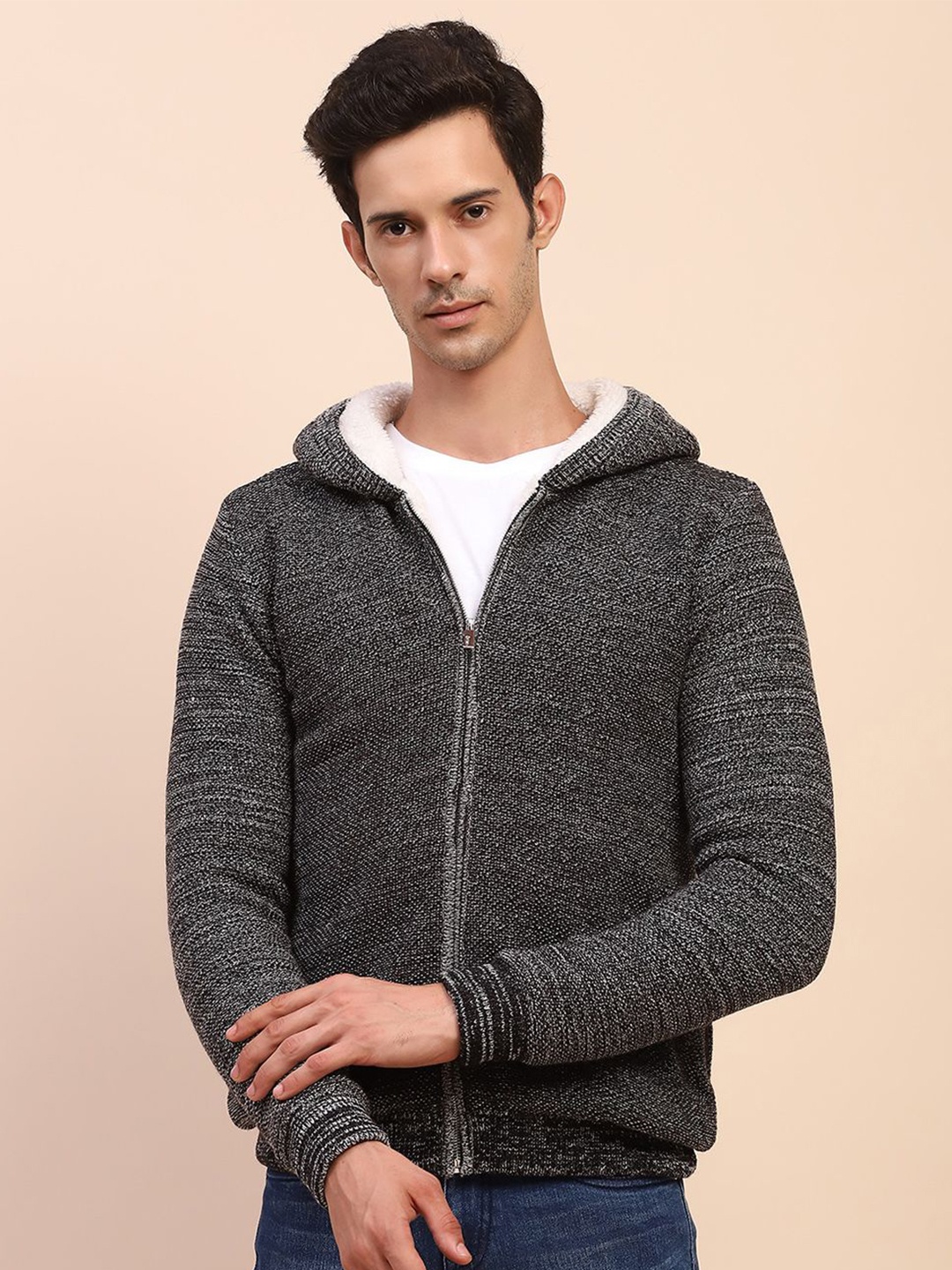 

CAMLA Mens Hooded Solid Acrylic Cardigan, Grey