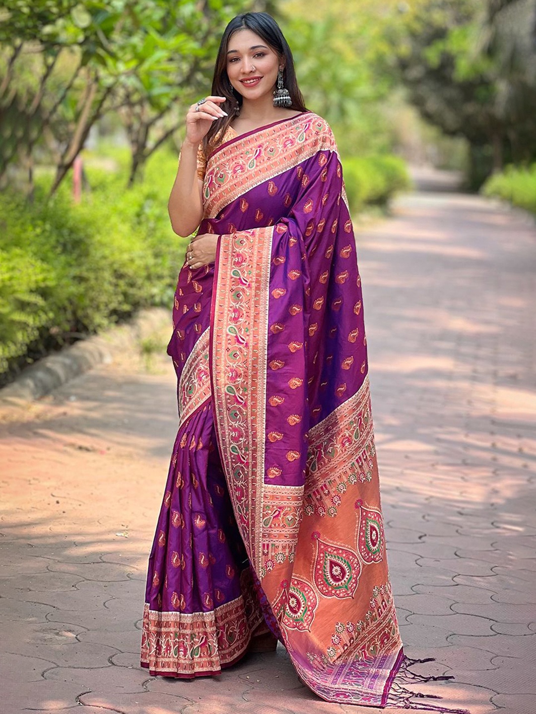 

Mitera Woven Design Zari Silk Paithani Saree, Purple