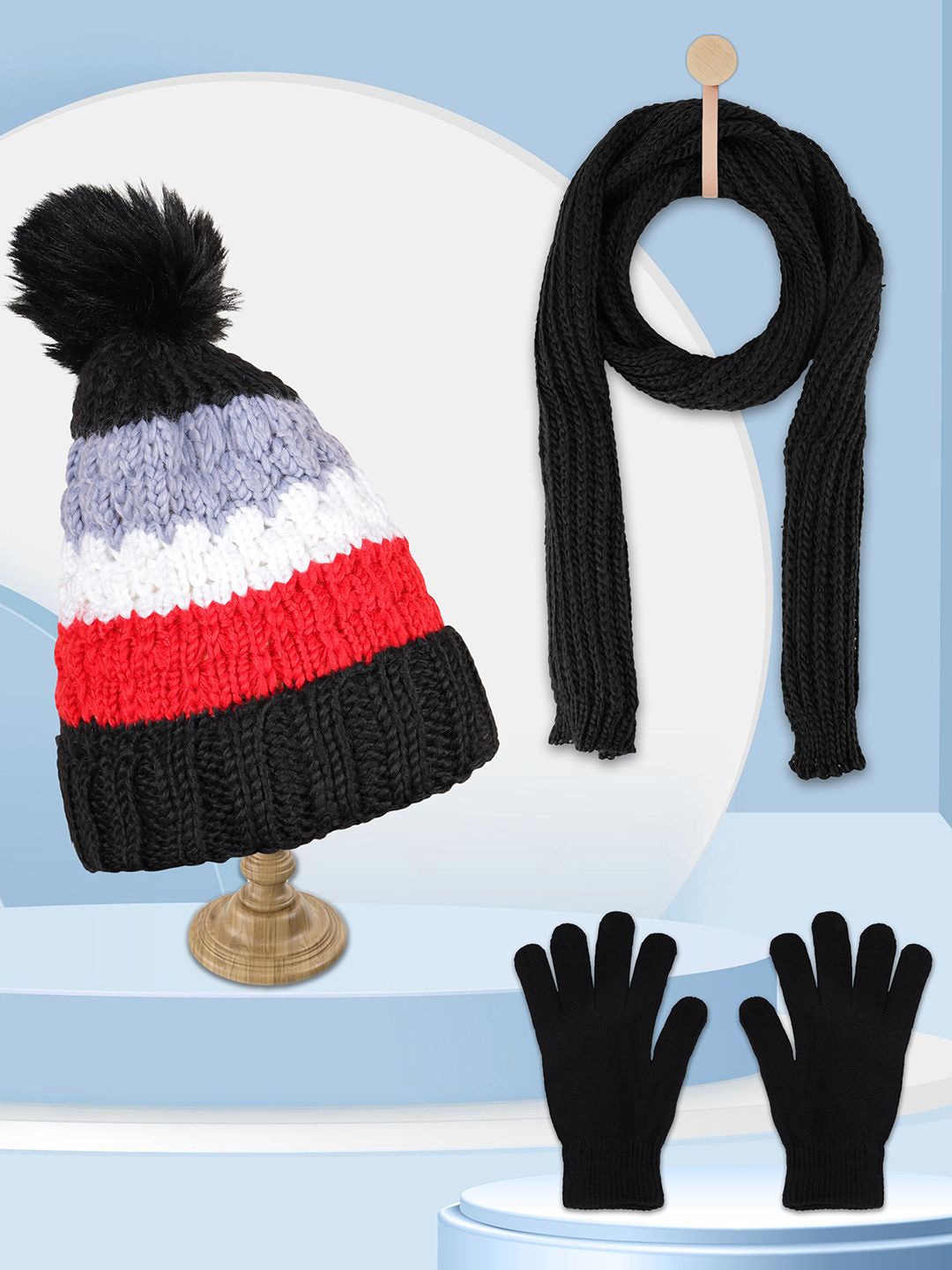 

PASSION PETALS Kids Woollen Beanie With Scarf Muffler & Gloves, Black