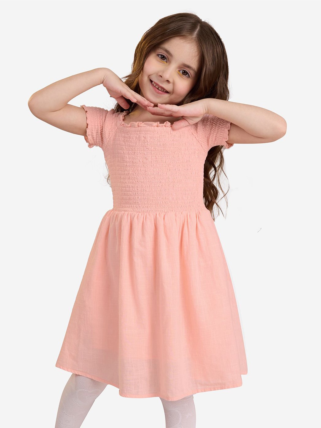 

The Souled Store Girls Pure Cotton Square Neck Smocked Fit & Flare Dress, Peach