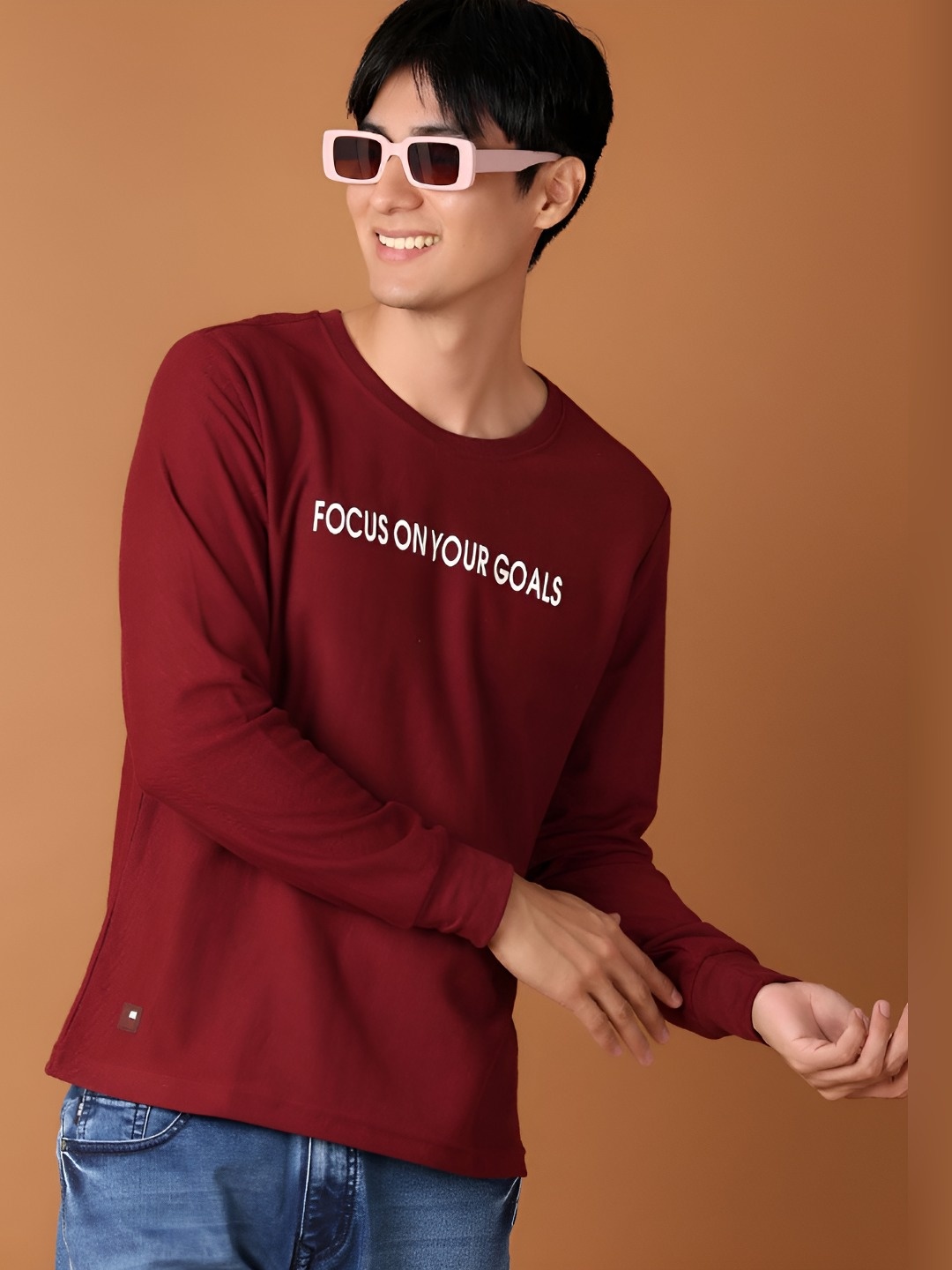 

V-Mart Men Typography Printed Round Neck Cotton Slim Fit T-shirt, Maroon