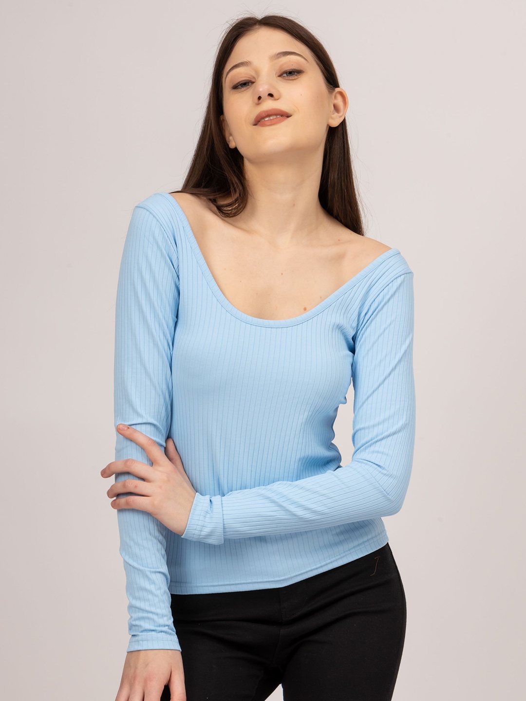 

Redamancii Women Vertical Striped Scoop Neck Top, Blue