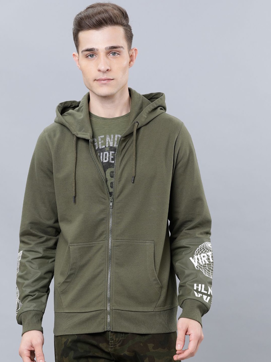 

HIGHLANDER Men Graphic Printed Hood Cotton Front-Open Sweatshirt, Olive