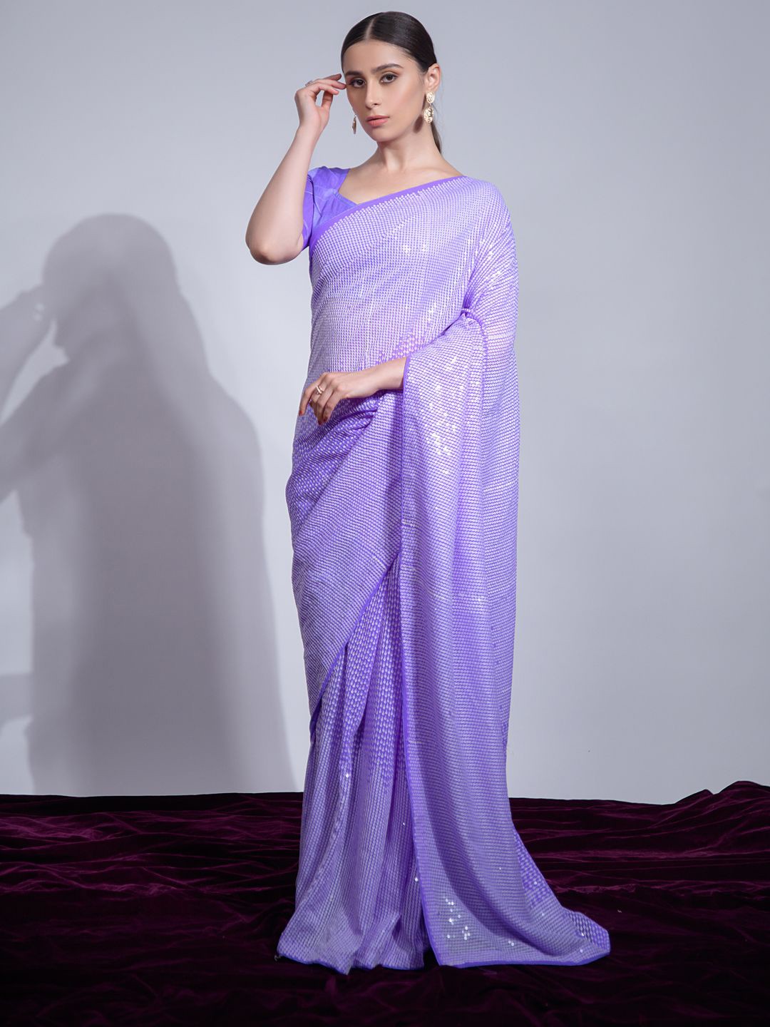 

Krimmple Striped Sequinned Pure Georgette Saree, Purple